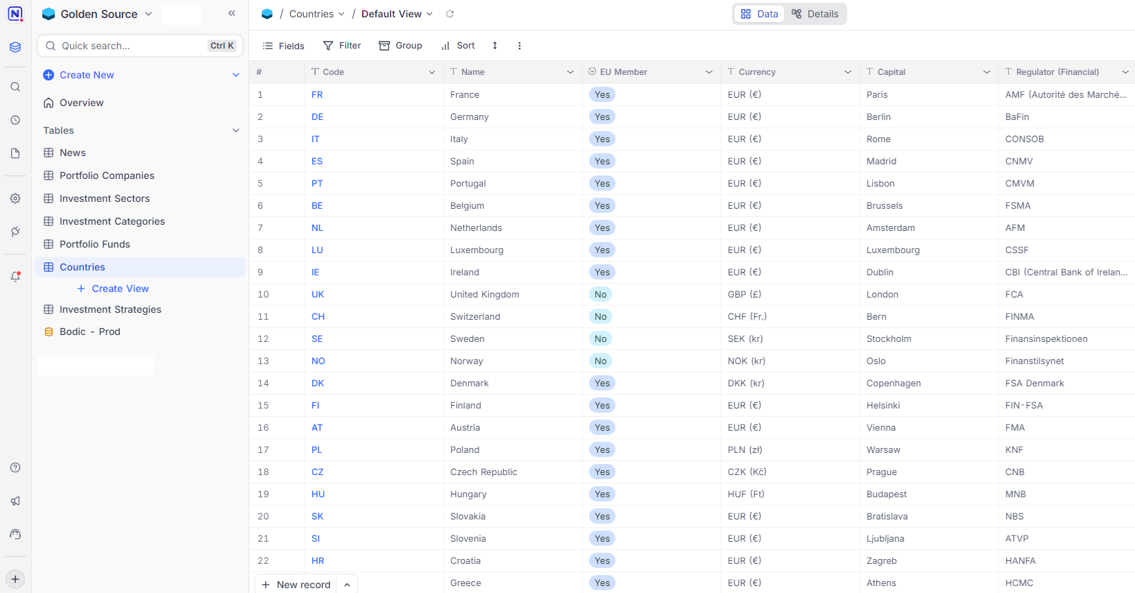 Interface Bodic Golden Source avec NocoDB